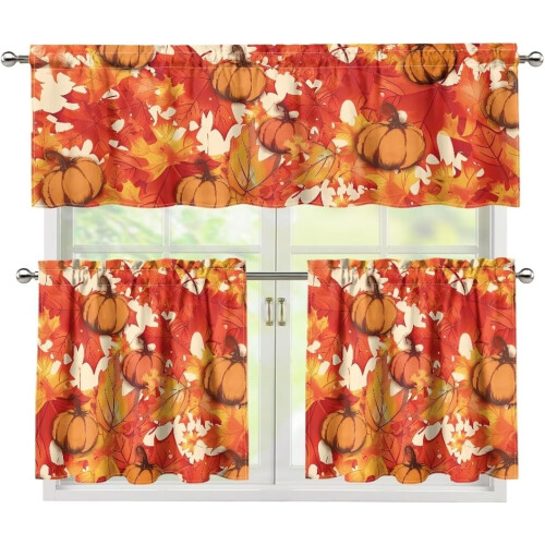 Red Pumpkin Fall Leaf Kitchen Curtains Valance and Tier Set