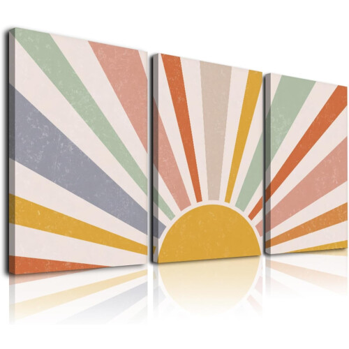 Rainbow Sun Canvas Wall Art Abstract Geometric Boho Decor