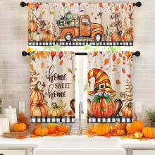 Fall Kitchen Curtains Set Gnome Pumpkin Truck Design 3-Pc