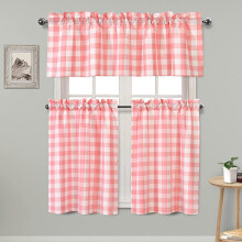 Hiasan Semi-Sheer Kitchen Curtains Set Buffalo Plaid Pink