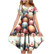 Mädchen Osterkleid Kurzarm Rundhals Bedruckt Stufenkleid