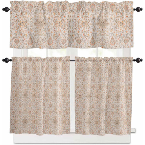 Orange Boho Floral Kitchen Curtains Set 36 inch Rod Pocket
