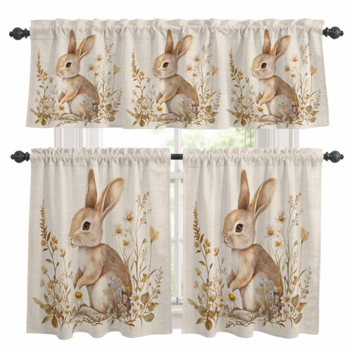 Easter Rabbit Kitchen Curtains Set Spring Floral Retro