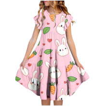 Girls Easter dress short sleeve round neck with print and
