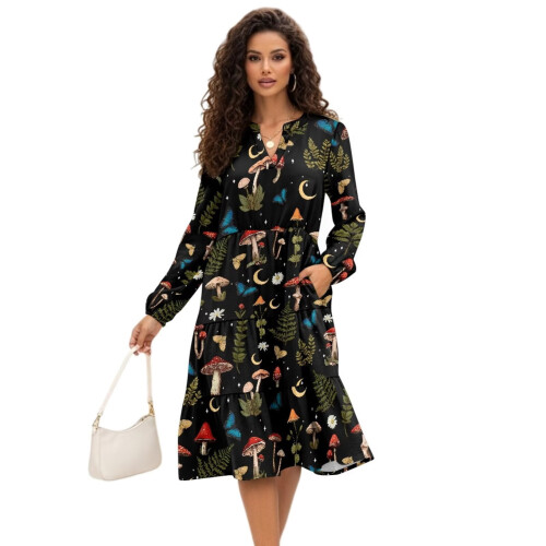 Damen-Midikleid mit elastischem Bund und Taschen im Retro-Stil
