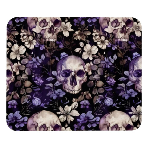 Tappetino per mouse antiscivolo con teschio e fiori viola, 21x25 cm