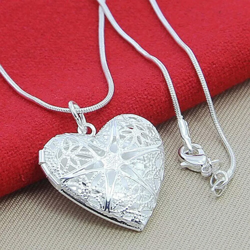 925 Sterling Silver Heart Locket Pendant with Snake Chain