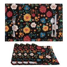 Sets de table noirs à motif floral en polyester PVC résistant à la chaleur (lot de 4)