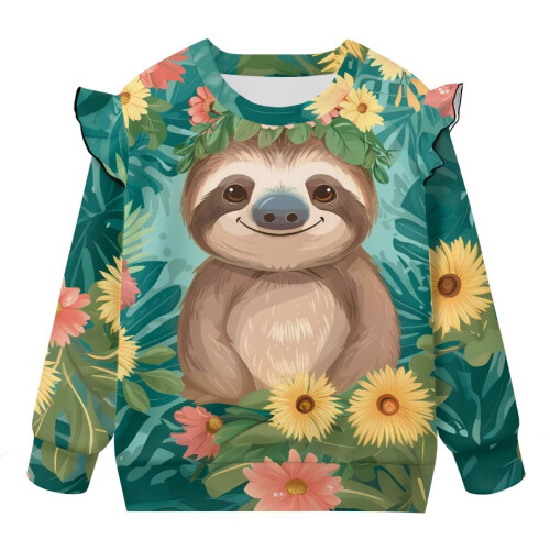 Girls Tropical Sloth Sweatshirt Ruffle Shoulder Size 3-4