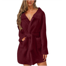 Damen-Bademantel aus Sherpa-Fleece mit langen Ärmeln und Farbblockmuster, Weinrot