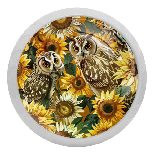 Owl and Sunflower Crystal Glass Cabinet Knobs 4 PCS