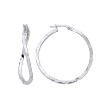 Jewelco London Ladies Rhodium Plated Sterling Silver Diamond-cut Brick Road Wavy Hoop Earrings - ER157