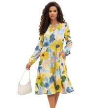 Damen-Midikleid, langärmelig, V-Ausschnitt, Rüschen, Stufenrock, Blumenmuster