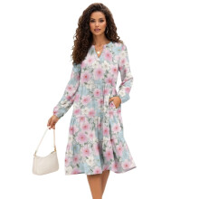 Damen-Midikleid mit V-Ausschnitt, elastisches, leichtes Freizeitkleid