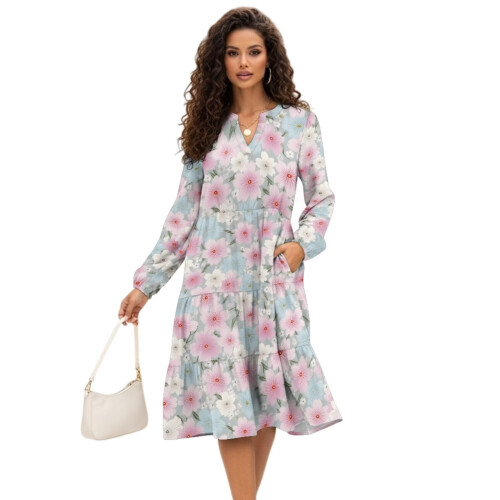 Damen-Midikleid mit V-Ausschnitt, elastisches, leichtes Freizeitkleid