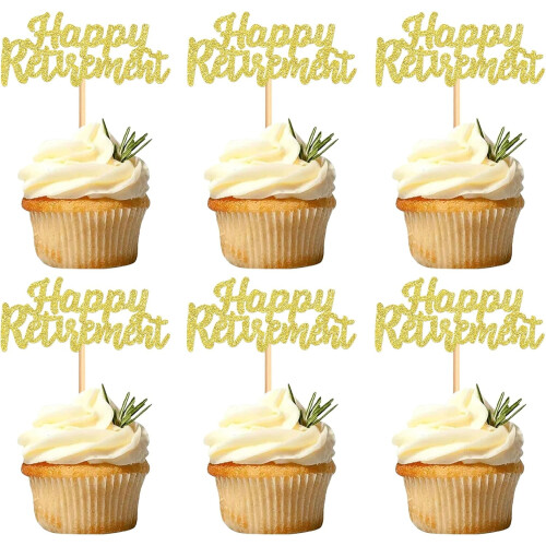 Retirement Cupcake Toppers Golden Theme 12 Pcs
