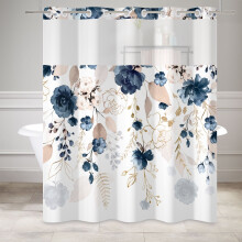 Rideau de douche à motif floral bleu et or 180 x 180 cm avec système de fixation à pression