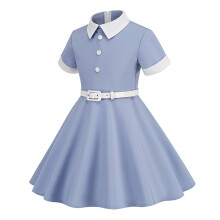 Girls' Fall Solid Long Sleeve Leaky Waist Dress Blue L