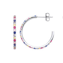 Jewelco London Ladies Rhodium Plated Sterling Silver Rainbow CZ 3/4 Circle of Life Coral Rainbow Hoop Earrings 24mm - EAG1023