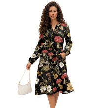 Gerüschtes Stufen-Midikleid für Damen, langärmelig, Patchwork