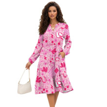 Rosa Cowboy-Kleid mit langen Ärmeln und V-Ausschnitt für Damen, Größe M