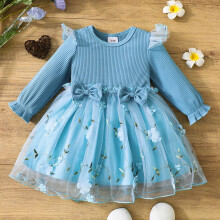 Girls' Cotton Dress with Bow and Lace Trim Sky Blue 12M