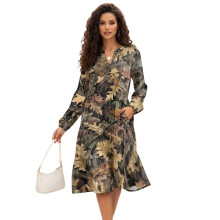 Robe midi Ă manches longues et col en V pour femme, avec poches, motif feuille
