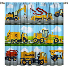 Yellow Cartoon Construction Car Curtains for Kids Room, Rod