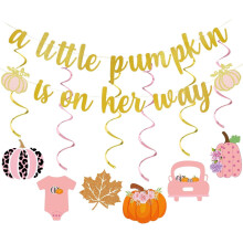 Bannière de baby shower citrouille dorée et rose avec spirales suspendues