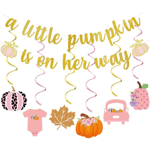Χρυσό και ροζ πανό για baby shower με κρεμαστά στροβιλίσματα