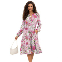 Robe midi pour femme, col en V, détail taille, imprimé marguerites roses