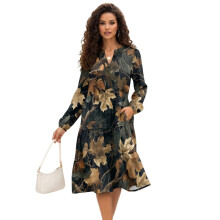 Robe midi patchwork à manches longues, taille moyenne