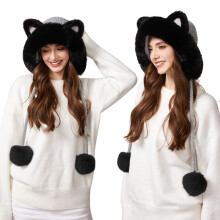 Bonnet à oreilles de chat pour femme, noir, crocheté et doublé polaire