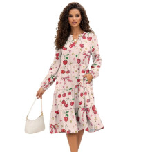 Pink Cherry Damen-Midikleid mit elastischen Ärmeln und V-Ausschnitt