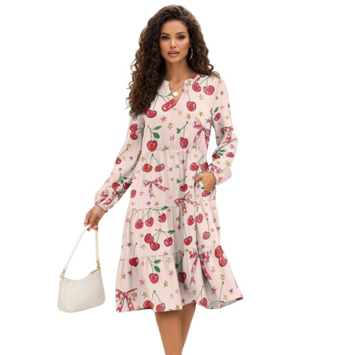 Pink Cherry Damen-Midikleid mit elastischen Ärmeln und V-Ausschnitt