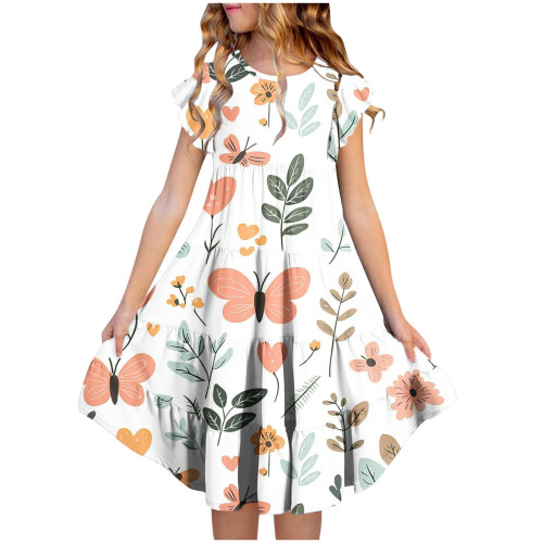 Mädchenkleid mit Blumenmuster, Volantärmeln und Taille