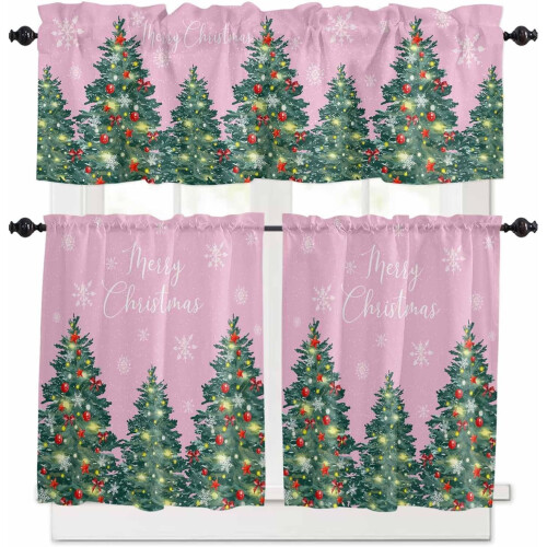Ensemble de rideaux de cuisine roses de Noël avec sapin et