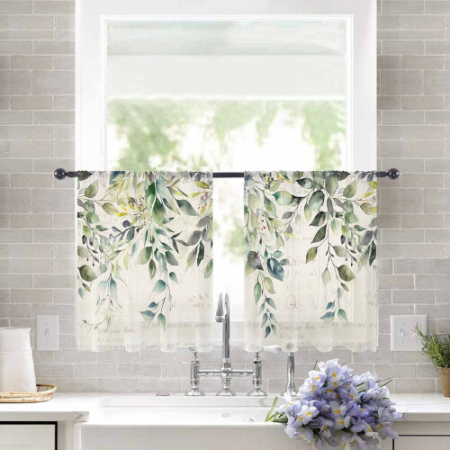 Sheer Curtains Vintage Sage Green Eucalyptus Leaf Design