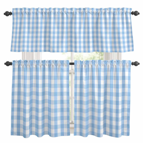 Easter Kitchen Curtains Set Blue White Buffalo Plaid 3-Piece