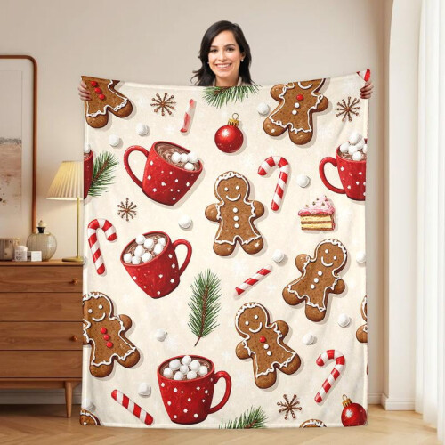 Christmas Flannel Blanket Pink Gingerbread Tree Design