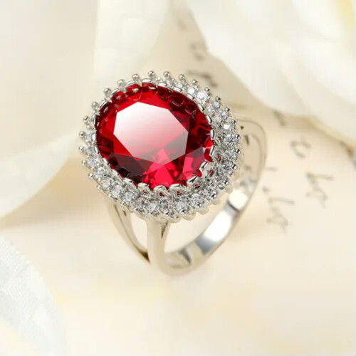 925 Silver Ruby Ring Oval Red Zircon Women Size 8