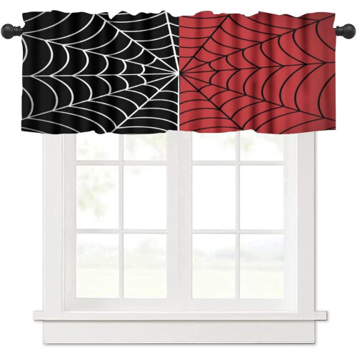 Spider Web Kitchen Curtain Valance Red Black 54x18in Rod