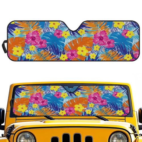 Foldable Windshield Sun Shade Tropical Hibiscus Print 1