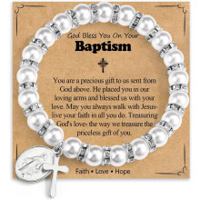 Pearl Cross Charm Bracelet Catholic Religious Jewelry for