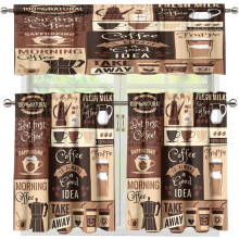 Coffee Valance Curtains Brown Logo Pattern Rod Pocket