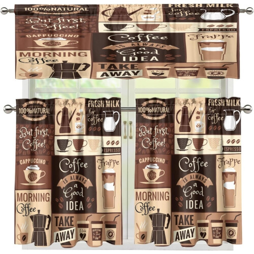 Coffee Valance Curtains Brown Logo Pattern Rod Pocket