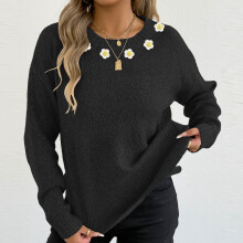 Women's Solid Floral Sweater Round Neck Long Sleeve Knit Top