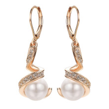White Pearl Dangle Earrings Rose Gold Plated Leverback