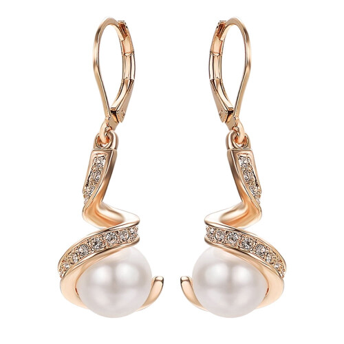 White Pearl Dangle Earrings Rose Gold Plated Leverback