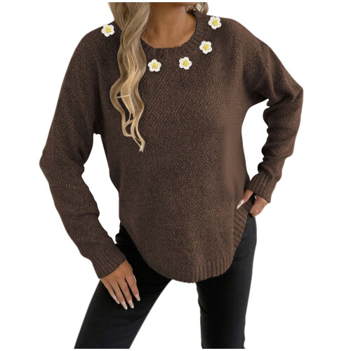 Women's Solid Floral Sweater Round Neck Long Sleeve Knit Top 1